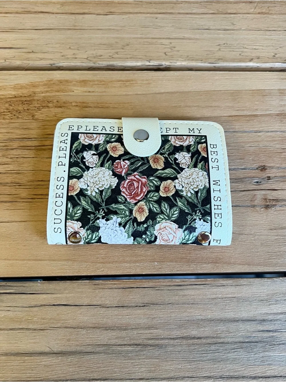 Floral Snap Card Holder Wallet - Black Floral Print with Cream Trim-NWOT